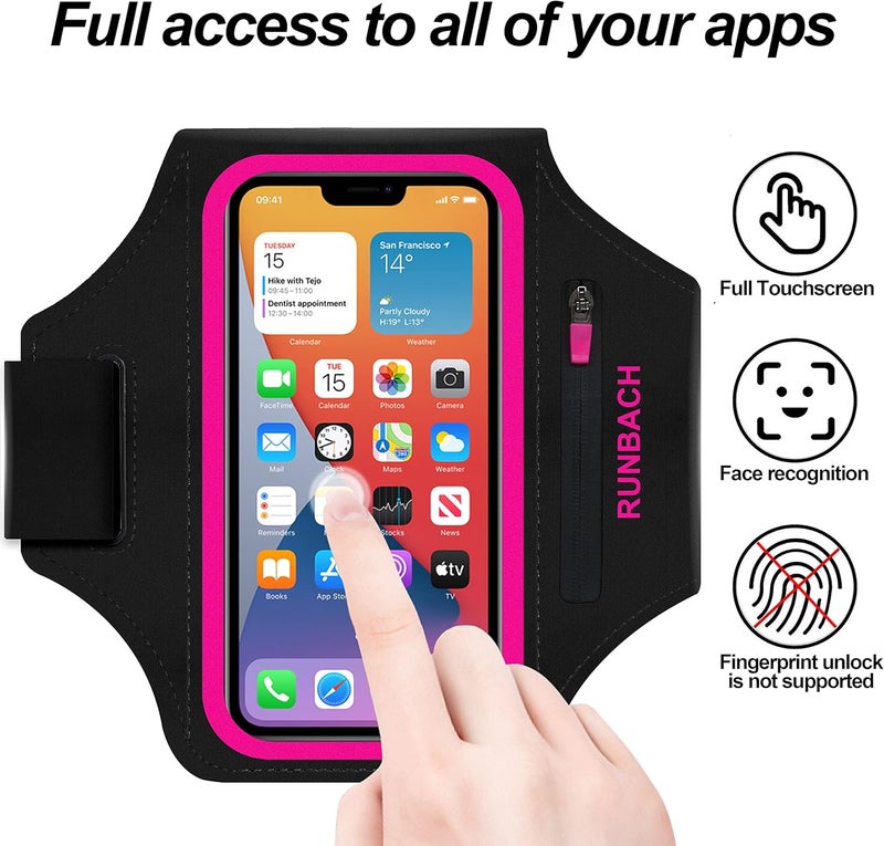 RUNBACH Armband for iPhone 17/17 Pro/16/16 Pro/15/15 Pro/14/14 Pro/13/13 Pro/13 Mini/12/12 Pro/12 Mini/11/11 Pro/XR/XS/X/SE,Water Resistant Armband with Zipper Slot for Airpods and Car Key (Pink) - Image 2